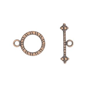 Clasp toggle 1pkg20 copper-plated "pewter" (zinc alloy), 13mm double-sided round, antique 1-strand