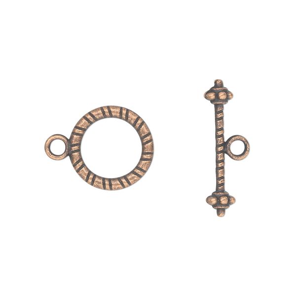 Clasp toggle 1pkg20 copper-plated "pewter" (zinc alloy), 13mm double-sided round, antique 1-strand image number 0