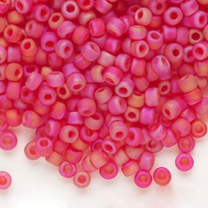 Seed bead, Dyna-Mites™, glass, transparent frosted rainbow red, #6 round. Sold per 40-gram pkg.