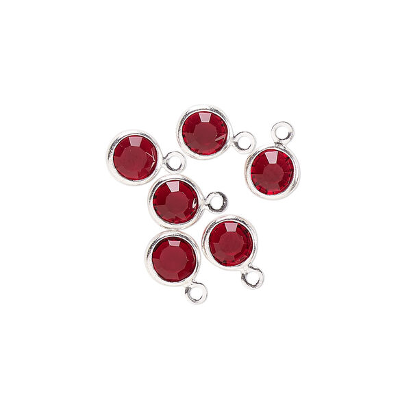 Drop, glass rhinestone and silver-finished brass, garnet red, 6-6.5mm faceted round. Sold per pkg of 6. image number 0