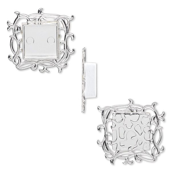 Component, silver-plated "pewter" (zinc-based alloy), 35x35mm square with vines and 17x17mm non-calibrated square setting. Sold individually. image number 0