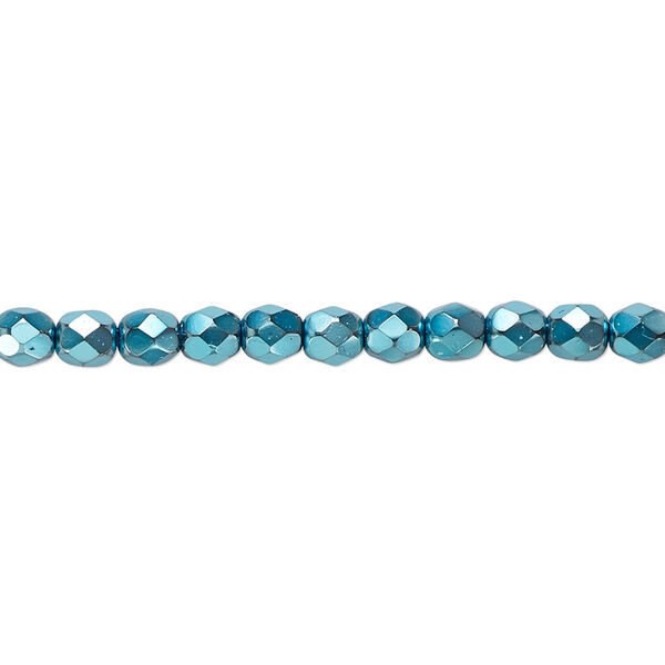 Bead, Czech fire-polished glass, opaque aqua carmen, 4mm faceted round. Sold per 15-1/2" to 16" strand. image number 0