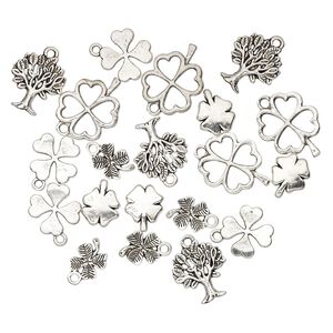 Bead and charm, antique silver-plated "pewter" (zinc-based alloy), 12x10mm-22x17mm single- and double-sided assorted clover and tree. Sold per pkg of 20.