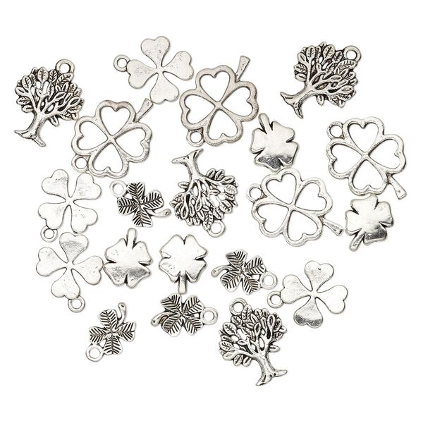 Bead and charm, antique silver-plated "pewter" (zinc-based alloy), 12x10mm-22x17mm single- and double-sided assorted clover and tree. Sold per pkg of 20. image number 0