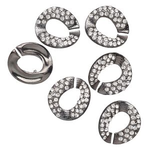 Clasp, interlocking, black-finished "pewter" (zinc-based alloy) and glass, clear, 25x24mm-26x25mm twisted C-shape. Sold per pkg of 3.