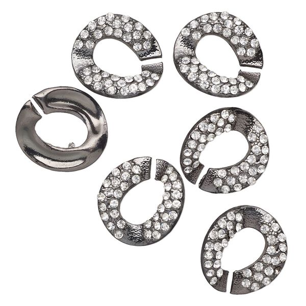 Clasp, interlocking, black-finished "pewter" (zinc-based alloy) and glass, clear, 25x24mm-26x25mm twisted C-shape. Sold per pkg of 3. image number 0