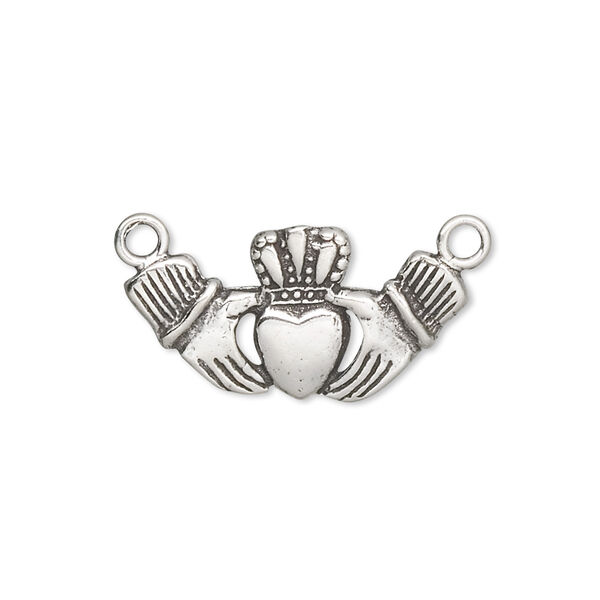 Connector, antiqued sterling silver, 23x12mm Claddagh. Sold individually. image number 0