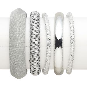 Bracelet, bangle, steel / leatherette / polyester / silver-coated plastic, white, 5-18.5mm wide with assorted designs, 7-1/2 inches. Sold per 5-piece set.