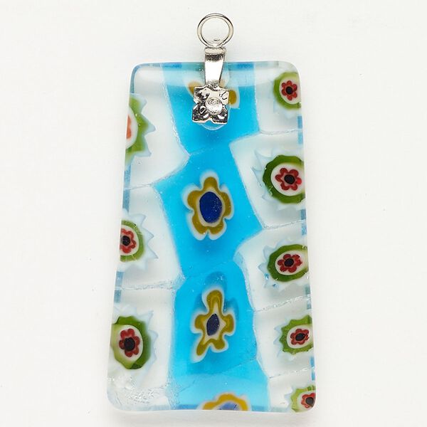 Focal 1pkg1 silver-finished steel and millefiori glass, translucent and transparent aqua blue and multicolored, 38x23mm-39x24mm puffed trapezoid. image number 0