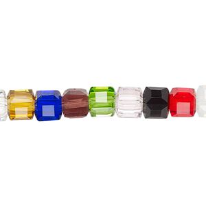 Bead 1pk 18 facets opaque to transparent multicolored, Celestial Crystal® 6mm cube 15.5-16 inch