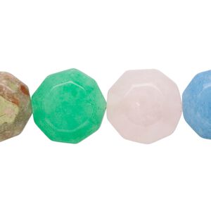 Multi-gemstone / glass 1pkg1, faceted puffed round bead 15.5-16 inch 15mm