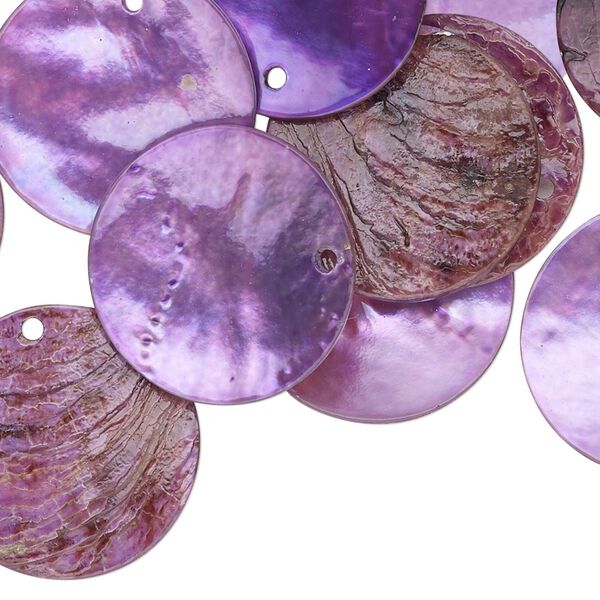 Drop, mussel shell (dyed / coated), light purple, 20mm flat round. Sold per pkg of 25. image number 0