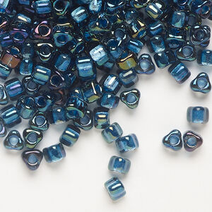 Seed bead, Miyuki 1pkg10g, glass, #5 triangle, transparent metallic blue inside dyed color blue (TR-1831)