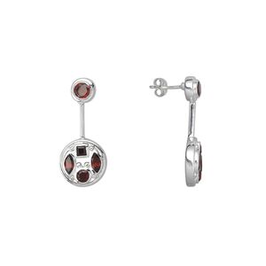 Earring, sterling silver and garnet (natural), 4mm and 5mm faceted rounds, 3mm faceted square, 6x3mm faceted marquise, 33x15mm. Sold per pair.