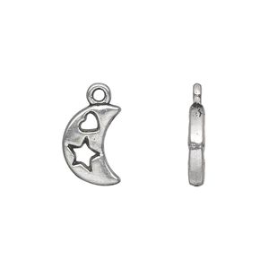 Charm, antique silver-plated "pewter" (zinc-based alloy), 13x10mm double-sided moon with cutout star and heart. Sold per pkg of 20.