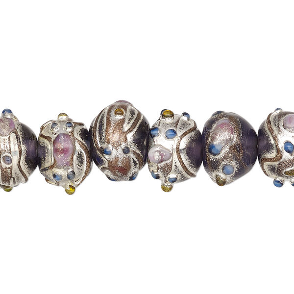 Bead, glass, transparent purple and multicolored with silver- and gold-colored foil, 13x11mm rondelle. Sold per pkg of 30. image number 0