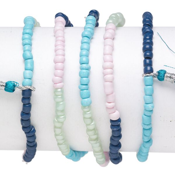 Bracelet mix, stretch, glass, pastel multicolored, #6 round with 45mm tassel, 7-1/2 inches. Sold per pkg of 5. image number 0