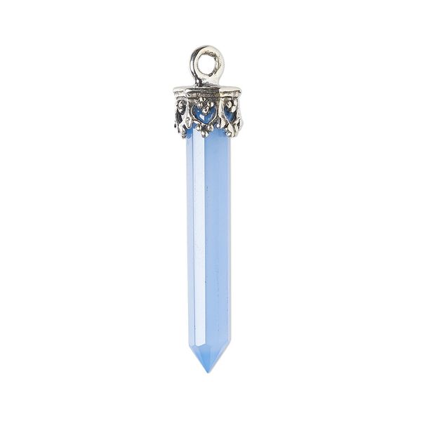 Drop, blue chalcedony (dyed) and antiqued sterling silver, blue, 20x4mm-26x6mm hand-cut 3D faceted point. Sold individually. image number 0