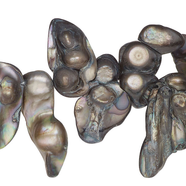 Pearl, cultured freshwater (dyed), silver peacock, 14x10mm-23x15mm top-drilled double baroque, D- grade, Mohs hardness 2-1/2 to 4. Sold per 16-inch strand. image number 0
