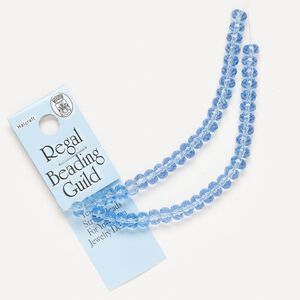 Bead, glass, pkg/8 inches, 6x4mm faceted rondelle, translucent light blue.