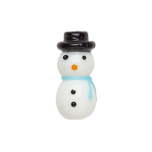 Bead, lampworked glass, opaque white and multicolored, 26x12mm snowman. Sold individually.