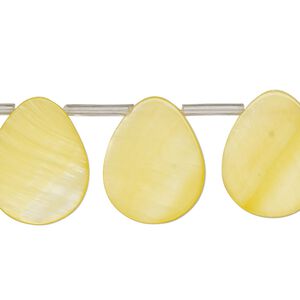 Bead, mother-of-pearl shell (dyed), yellow, 19x6mm-20x10mm top-drilled flat teardrop, Mohs hardness 3-1/2. Sold per 15-inch strand, approximately 20 beads.