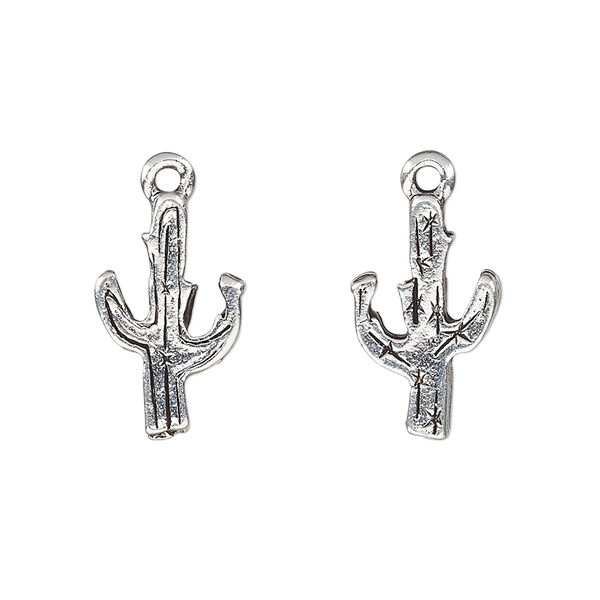 Charm, antique silver-plated pewter (tin-based alloy), 18x11mm two-sided cactus. Sold per pkg of 2. image number 0