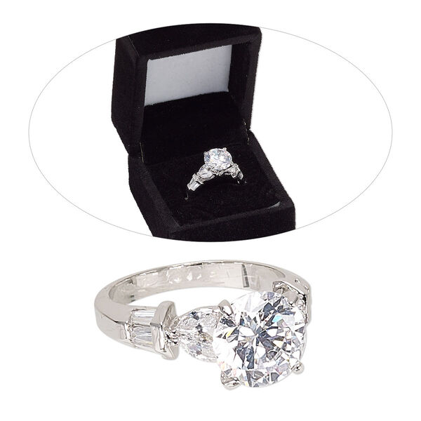 Ring, cubic zirconia and rhodium-finished brass, clear, 10mm wide with solitaire, size 8. Sold individually. image number 0