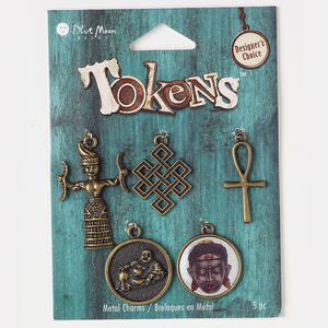 Focal and drop, resin and antique brass-finished "pewter" (zinc-based alloy), clear and multicolored, assorted size and shape. Sold per pkg of 5.