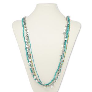 Necklace, 4-strand, acrylic / glass / silver-plated steel, multicolored, 42-inch continuous loop. Sold individually.