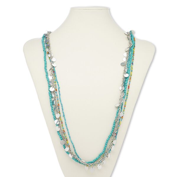 Necklace, 4-strand, acrylic / glass / silver-plated steel, multicolored, 42-inch continuous loop. Sold individually. image number 0