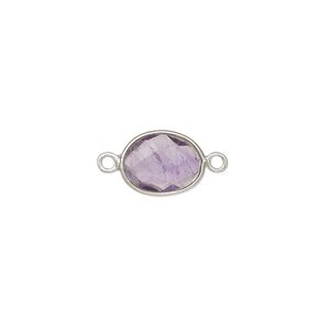 Link, amethyst (natural) and sterling silver, 9x7mm-12x10mm oval with 8x6mm-11x9mm hand-cut double-sided faceted flat freeform oval. Sold individually.
