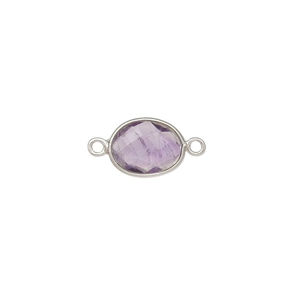 Link, amethyst (natural) and sterling silver, 9x7mm-12x10mm oval with 8x6mm-11x9mm hand-cut double-sided faceted flat freeform oval. Sold individually. image number 0