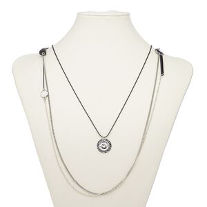 Necklace, acrylic / enamel / glass / imitation rhodium-plated brass / steel / "pewter" (zinc-based alloy), black and white, 36 inches with 2-inch extender chain and lobster claw clasp. Sold individually.