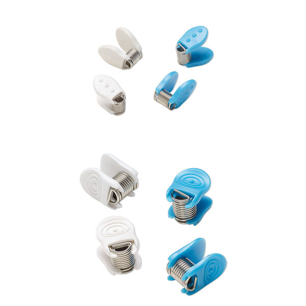 Clip, Bead Buddy® Bead Bugs™, plastic, pkg/8, silver/white/teal, 23x17x17mm and 18x16x9mm with soft comfort grip. image number 0