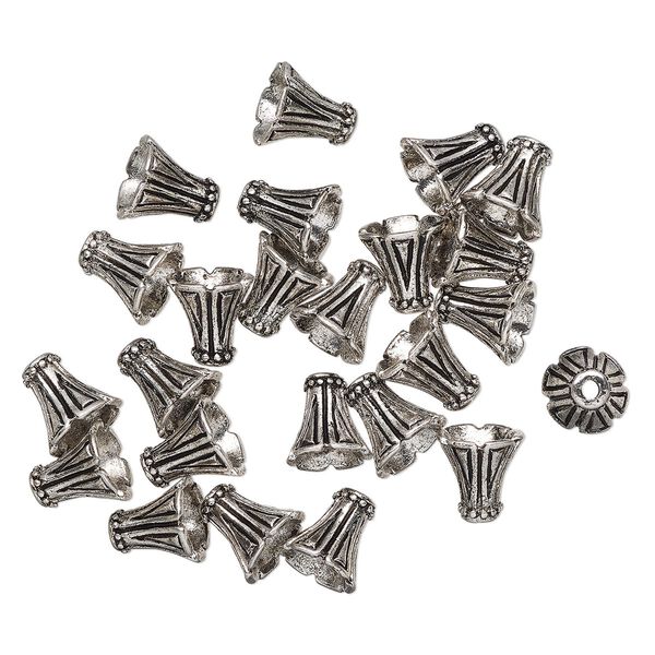 Cone, antique silver-finished "pewter" (zinc-based alloy), 12mm cone with triangle design, 9mm end. Sold per pkg of 24. image number 0