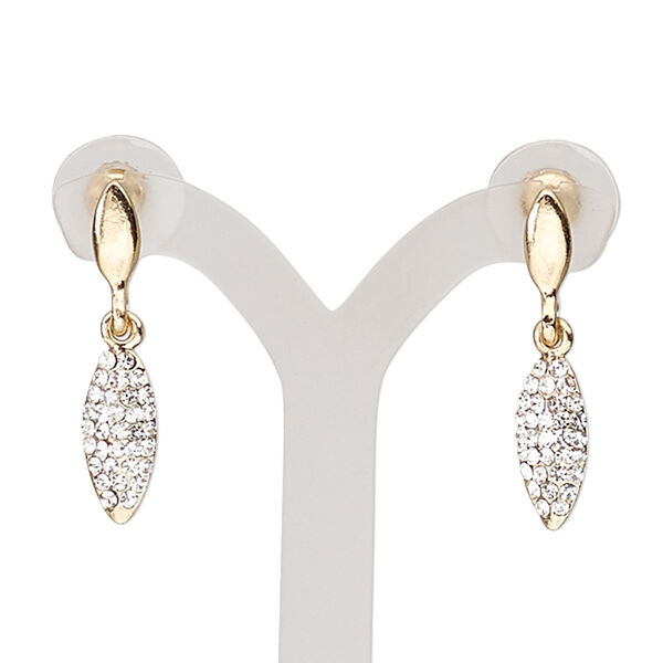 Earring, glass rhinestone / stainless steel / gold-finished "pewter" (zinc-based alloy), clear, 30mm with marquise and post. Sold per pair. image number 0