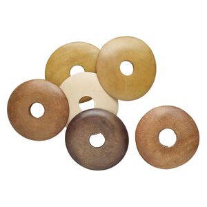 Focal mix, wood (natural/dyed), 55x52mm-56x53mm flat-backed donut. Sold per pkg of 6.