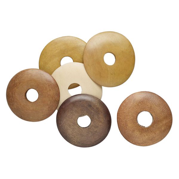 Focal mix, wood (natural/dyed), 55x52mm-56x53mm flat-backed donut. Sold per pkg of 6. image number 0