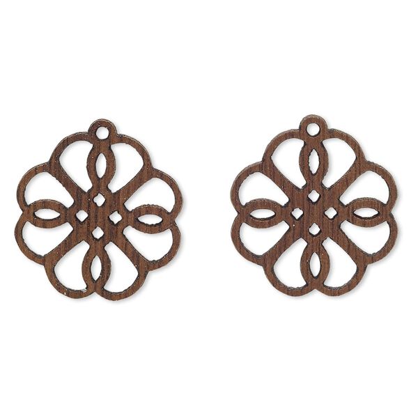 Drop, wood (natural), 19x19mm double-sided flower with cutout design. Sold per pkg of 2. image number 0