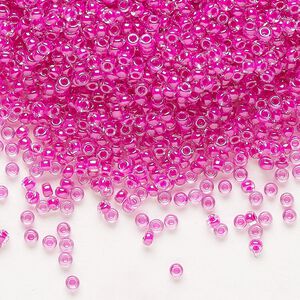 Seed bead, Miyuki, glass, pkg/25g, #11 rocaille, translucent fuchsia-lined luster crystal clear (RR-209).