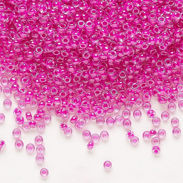Seed bead, Miyuki, glass, pkg/25g, #11 rocaille, translucent fuchsia-lined luster crystal clear (RR-209). image number 0