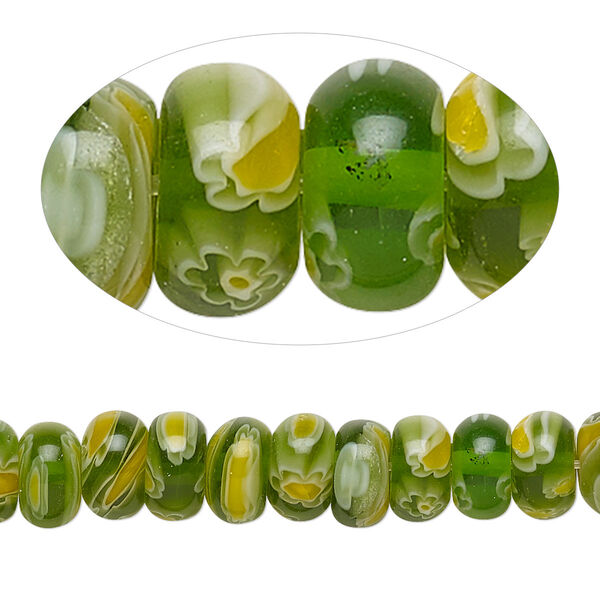 Bead, millefiori glass, translucent green / white / yellow, 8x5mm rondelle with 0.6-0.8mm hole. Sold per 15-inch strand. image number 0