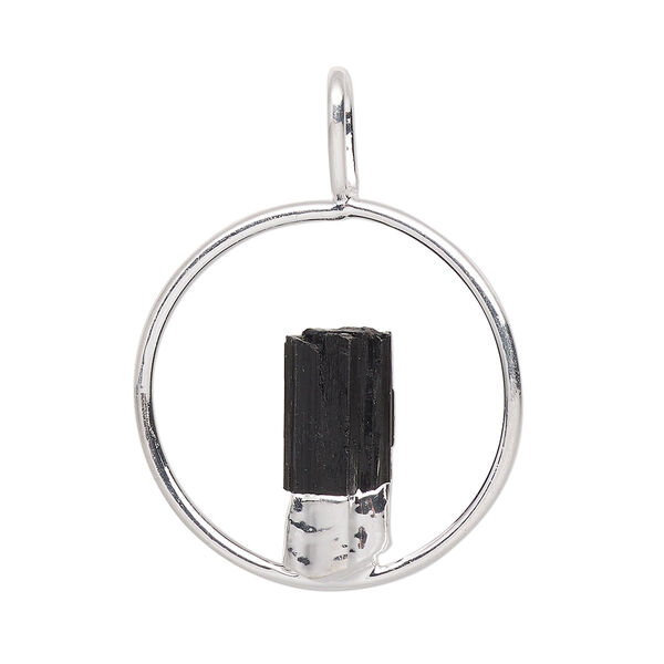 Pendant, Everyday Jewelry, silver-plated brass and black tourmaline (natural), 34x25mm-36x27mm open round. Sold individually. image number 0