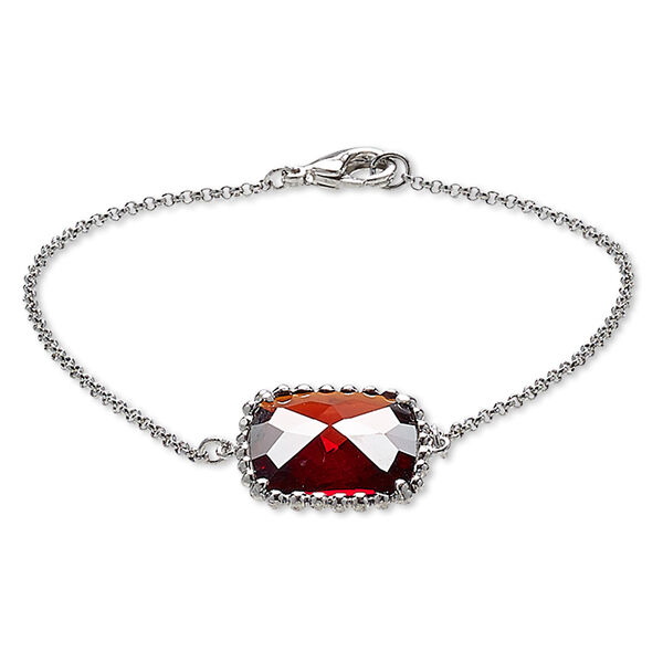 Bracelet, glass and rhodium-plated brass, red, 19x19mm beaded square, 7-1/2 inches with lobster claw clasp. Sold individually. image number 0