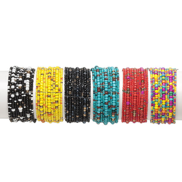 Bracelet mix, 11-strand, glass and steel, mixed colors, 30mm wide, adjustable from 7-8 inches. Sold per pkg of 6. image number 0