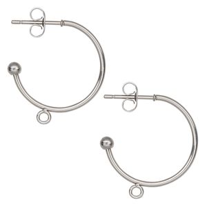 Earring hoop 1pkg4, 22.5mm 0.75 round / closed loop / 3mm ball / earnuts, 20 gauge stainless steel 2 pair
