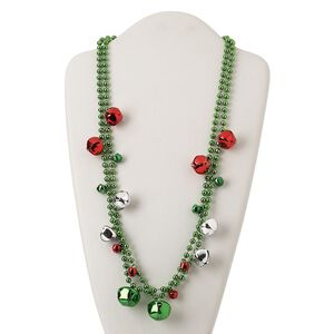 Necklace, steel and plastic, red / silver / green, 9x8mm-22x20mm bell, 30-inch continuous loop. Sold per pkg of 2.
