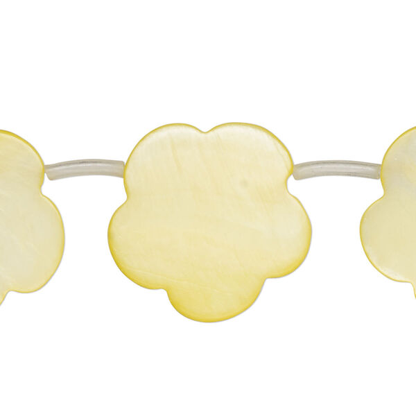 Bead, mother-of-pearl shell (dyed), yellow, 21x16mm-23x19mm top-drilled flat flower, Mohs hardness 3-1/2. Sold per 17-inch strand, approximately 15 beads. image number 0