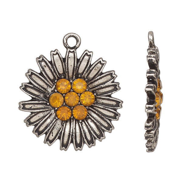 Charm, glass and antique silver-finished pewter (tin-based alloy), orange, 25mm sunflower. Sold per pkg of 2. image number 0